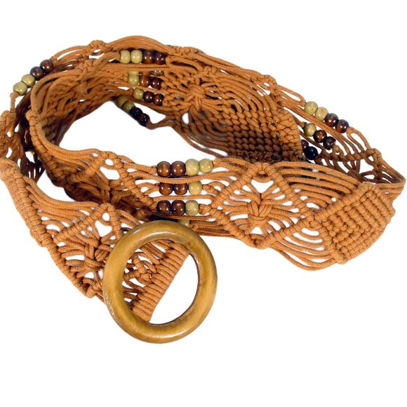 ARTISAN Handmade Wide Macrame Beaded Belt Wooden Buckle O/S - Picture 3 of 4